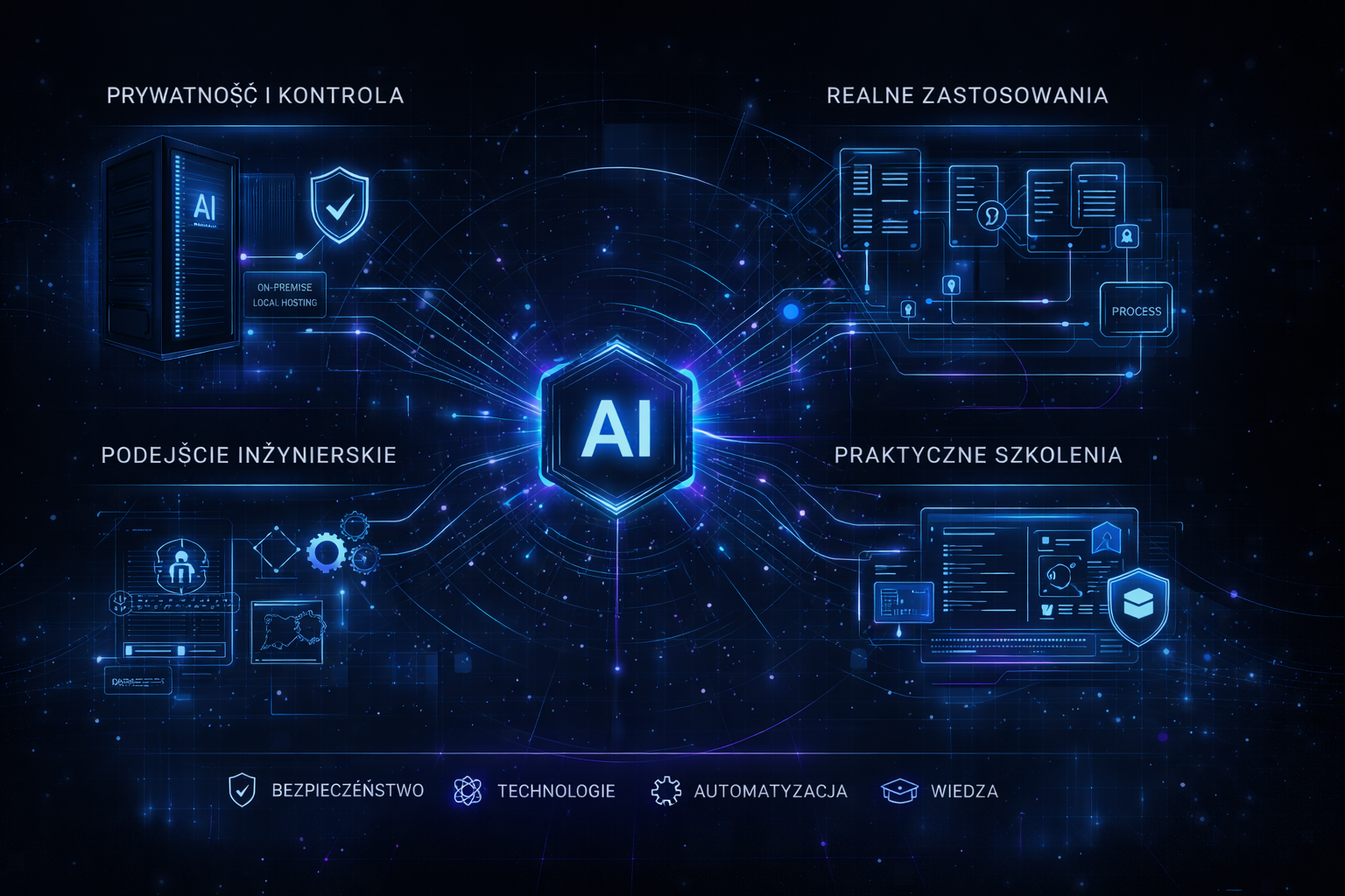 Banner prezentujący główne zalety wdrożeń AI: prywatność, podejście inżynierskie, realne zastosowania i praktyczne szkolenia