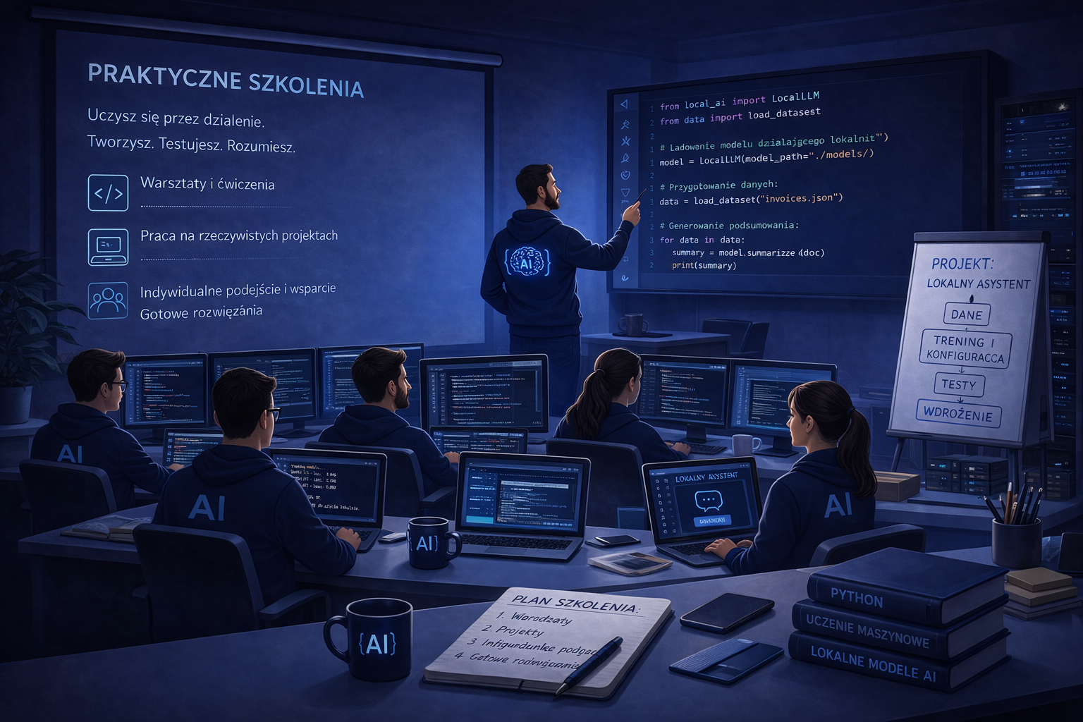 Praktyczne szkolenie z AI i programowania prowadzone na rzeczywistych przykładach i projektach.