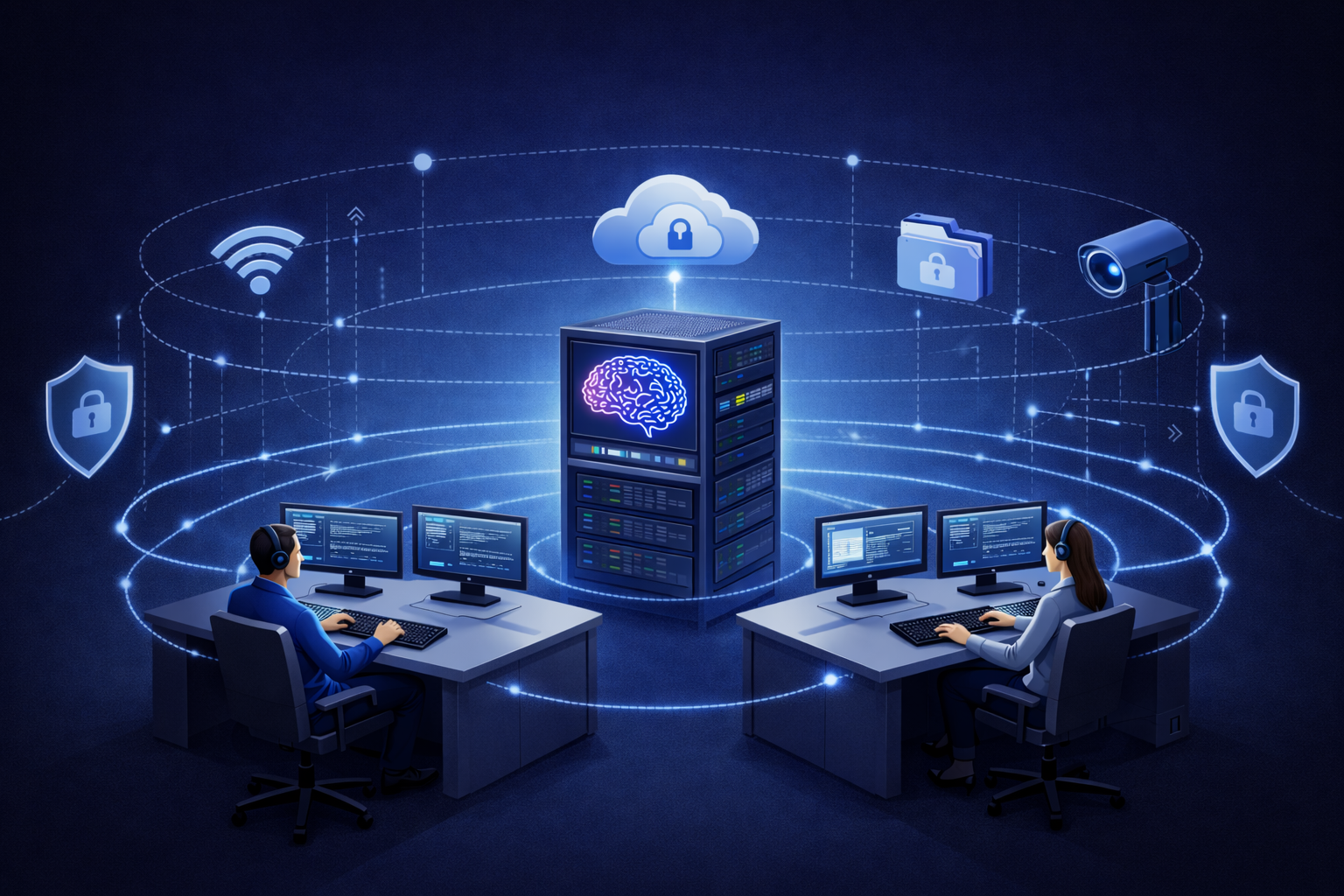 Zespół IT pracujący przy lokalnej infrastrukturze i serwerach AI w bezpiecznym środowisku.